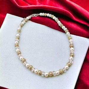 Faux Pearl Necklace Open Gold Tone Beaded AB Gem Classic Feminine Jewelry 18"